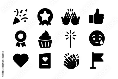 Celebratory Icon Collection. Celebrating Small Wins. Solid icon set of Celebrating Small Wins: confetti, star badge, high five, thumbs up, ribbon, cupcake,