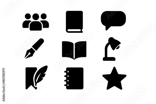 Literary Icons Set. Literary Relaxation. Line icon set of Literary Relaxation: open book, coffee cup, tree, lamp, glasses, chair, leaf, clock, cloud, candle,