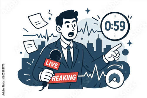 Dynamic News Broadcast. Breaking news live. Red strobe ?BREAKING? banner wraps the mic as papers cascade; the anchor points to a ticking countdown. Waveforms