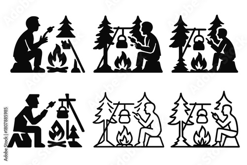 Campfire Logo Variations. A person sitting by a campfire in the woods, roasting marshmallows and telling stories. Icon set. Set Logo of A person sitting by a