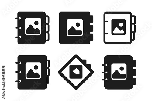 Family Album Icons. Creating family photo albums and scrapbooks. Icon set. Set Logo of creating family photo albums and scrapbooks: open photo album with