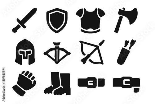 Black Battle Gear Icons. Battle gear. Solid icon set of battle gear: sword, shield, armor, axe, helmet, crossbow, bow, quiver, arrow, gauntlet, boots, belt.