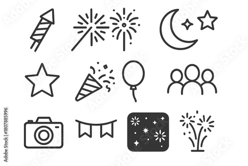 Summer Fireworks Icons. Summer fireworks. Line icon set of summer fireworks: rocket, sparkler, burst firework, moon, star, confetti, balloon, crowd, camera,