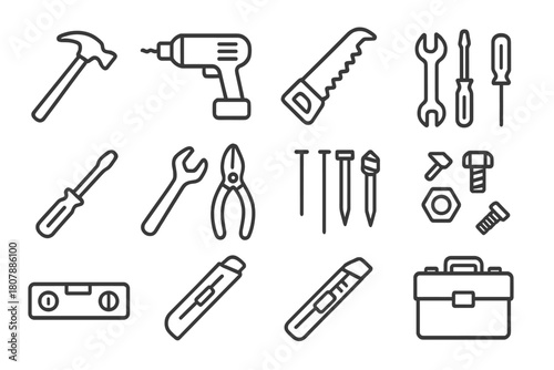Construction Tool Icons. Construction tools. Line icon set of Construction tools: hammer, drill, saw, wrench, screwdriver, pliers, tape measure, nails, bolts,