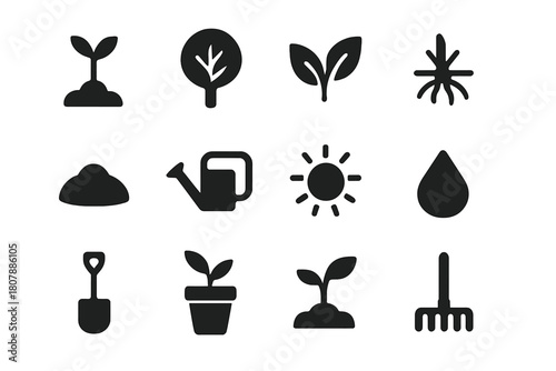 Gardening Icon Set. Gardening. Solid icon set of Gardening: sapling, tree, leaves, roots, soil mound, watering can, sun, water droplet, shovel, plant pot,