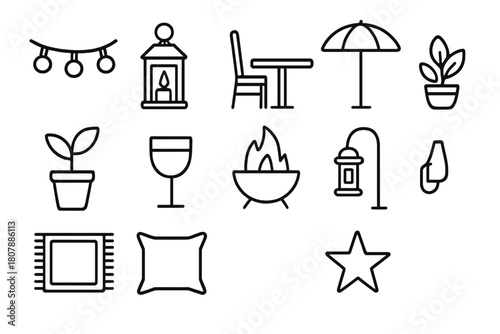 Patio Icon Set. Patio ambiance. Line icon set of patio ambiance: string lights, candle lantern, table, chair, umbrella, potted plant, drink glass, fire pit,