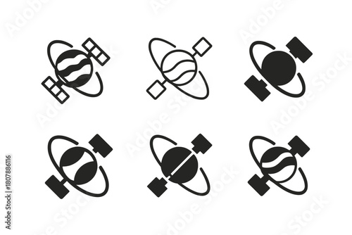 Venus Exploration Logos. Venus exploration. Icon set. Set Logo of Venus exploration: Venus planet sphere. harmonious logo variations of the same emblematic