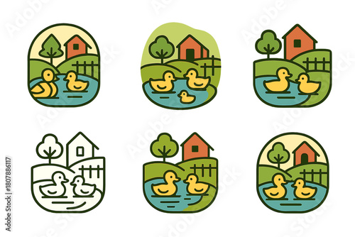 Farm Joy Logo Set. Joyful scenes at a farm, with baby animals. Icon set. Set Logo of farm joy: farmyard with ducklings near a pond. harmonious logo variations
