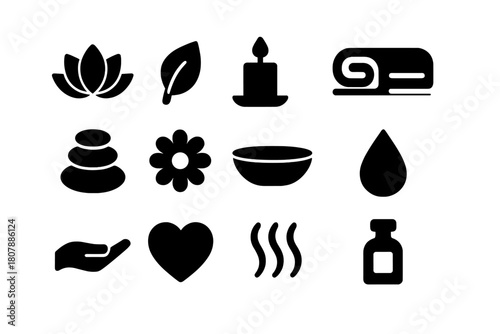 Wellness Icon Collection. Wellness and relaxation. Solid icon set of wellness and relaxation: lotus, leaf, candle, towel, stone stack, flower, bowl, water