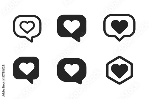 Heart-Inspired Notification Icons. Emotional weight of notifications. Icon set. Set Logo of emotional weight of notifications: heart inside message bubble.