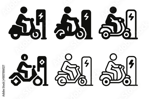 Scooter Icon Set. Riding a scooter. Icon set. Set Logo of Riding a Scooter: silhouette of person with helmet on scooter. harmonious logo variations of the same