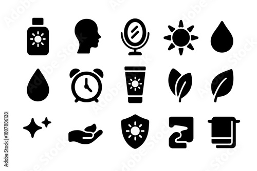 Sun Care Essentials. Daily sun care. Solid icon set of Daily sun care: sunscreen bottle, face silhouette, mirror, sun icon, cream drop, alarm clock, lotion