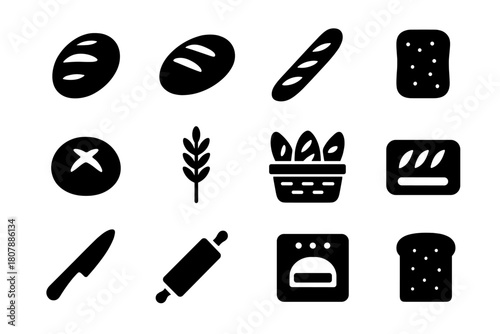 Artisan Bread Icons. Artisan bread. Solid icon set of artisan bread: sourdough, rye loaf, baguette, ciabatta, bread roll, wheat stalk, basket, tray, knife,