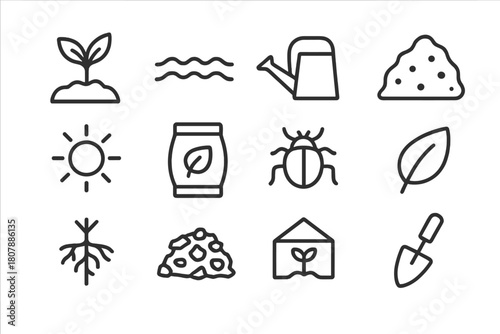 Healthy Crop Icons. Healthy crops. Line icon set of Healthy crops: plant seedling, soil, watering can, compost, sunlight, fertilizer bag, insect, leaf, roots,