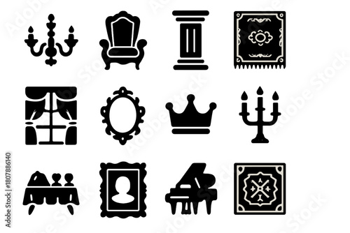 Royal Interiors Icons. Royal interiors. Solid icon set of Royal interiors: chandelier, throne chair, marble column, royal carpet, curtain window, gold mirror,