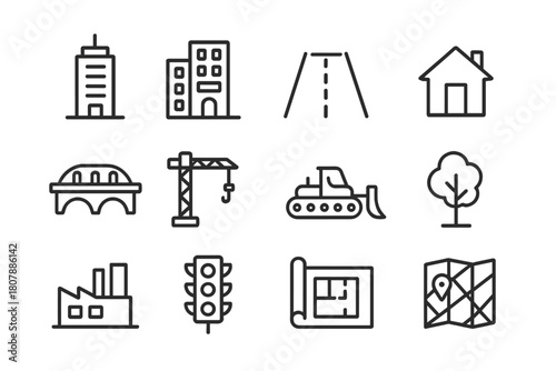 Urban Expansion Icons. Urban expansion. Line icon set of Urban expansion: skyscraper, apartment building, road, house, bridge, construction crane, bulldozer,
