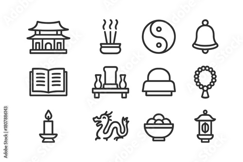 Taoist Ritual Icons. Taoism rituals. Line icon set of Taoism rituals: temple, incense, yin-yang symbol, bell, scripture, altar, meditation mat, prayer beads,