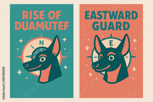 Eastward Jackal Banners. East Watcher. Two vertical A6 banners with safe margins, centered composition, no elements touching edges, cartoon, turquoise and