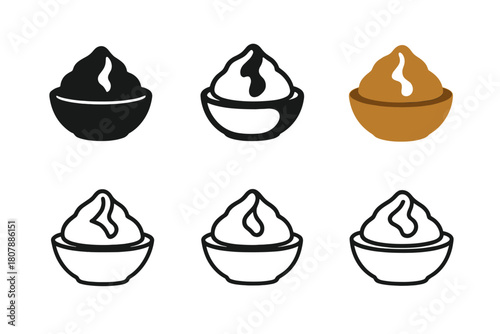 Mashed Potato Logos. Mashed potato mound. Icon set. Set Logo of mashed potato mound: serving spoon scooping mashed potatoes. harmonious logo variations of the