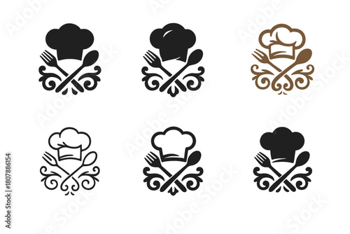 Culinary Art Logos. culinary artistry. Icon set. Set Logo of culinary artistry: elegant chef hand plating food. harmonious logo variations of the