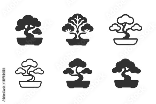 Potted Plant Logos. Small potted plants for desk decoration. Icon set. Set Logo of small potted plants for desk decoration: bonsai tree on a small tray.