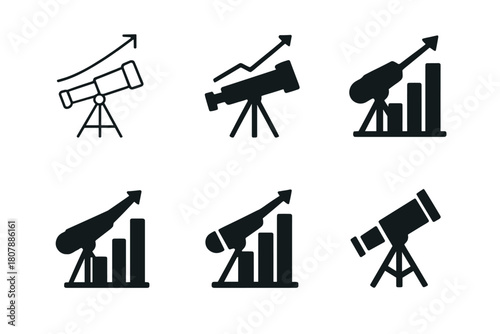 Vision Growth Logos. A group of entrepreneurs discussing business growth and scalability. Icon set. Set Logo of vision: telescope aiming at rising graph.