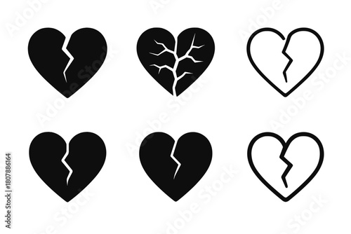Cracked Heart Icons. Crushed spirit. Icon set. Set Logo of crushed spirit: cracked glass heart shape. harmonious logo variations of the same emblematic
