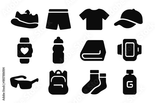 Running Gear Icons. Running gear. Solid icon set of Running gear: running shoes, shorts, t-shirt, cap, smartwatch, water bottle, towel, phone
