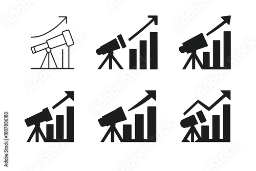 Vision Growth Logos. A group of entrepreneurs discussing business growth and scalability. Icon set. Set Logo of vision: telescope aiming at rising graph.