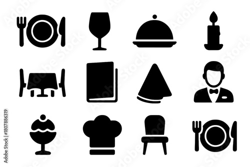 Fine Dining Icons. Fine dining experience. Solid icon set of Fine dining experience: plate with cutlery, wine glass, cloche, candle, restaurant table, menu,