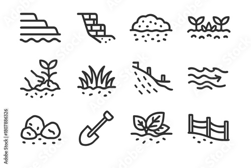Soil Conservation Icons. Soil conservation. Line icon set of Soil conservation: terracing, retaining wall, mulch, plant cover, tree planting, grass, erosion