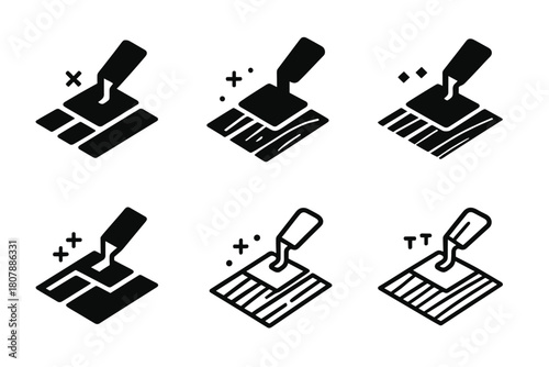 Wooden Floor Logo Set. Laying down wooden floorboards. Icon set. Set Logo of laying down wooden floorboards: leveling and spacing tools. harmonious logo