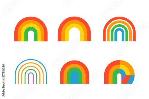 Rainbow Icon Variations. Rainbow. Icon set. Set Logo of rainbow: abstract color arch. harmonious logo variations of the same emblematic concept, each with