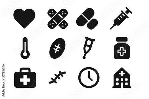 Patient Care Icons. Patient care. Solid icon set of Patient care: heart, bandage, pill, syringe, thermometer, wound, crutch, medicine bottle, first aid kit,