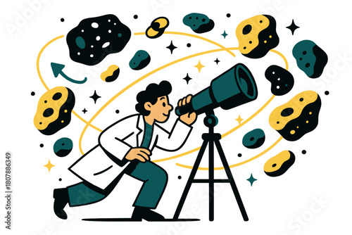 Asteroid Exploration Scene. Asteroid belt studies. Scientist observing asteroid belt through telescope with abstract floating asteroids, orbit lines, and
