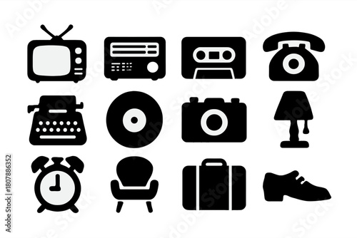 Retro Icon Collection. Retro finds. Solid icon set of retro finds: television, radio, cassette, telephone, typewriter, vinyl, camera, lamp, clock, chair,