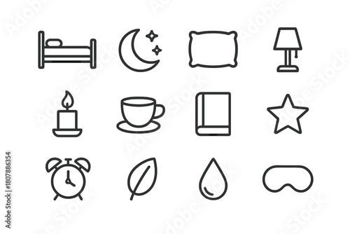 Night Routine Icons. Good Night Routine. Line icon set of Good Night Routine: bed, moon, pillow, lamp, candle, cup, book, star, clock, leaf, droplet, eye mask.