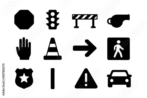 Traffic Control Icons. Traffic control. Solid icon set of traffic control: stop sign, traffic light, barrier, whistle, hand signal, cone, arrow, pedestrian