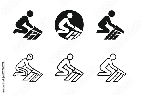 Wooden Floorboard Icons. Laying down wooden floorboards. Icon set. Set Logo of laying down wooden floorboards: trimming edge boards. harmonious logo variations