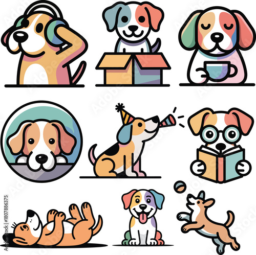 Adorable dog clipart set with headphones books coffee and party hat