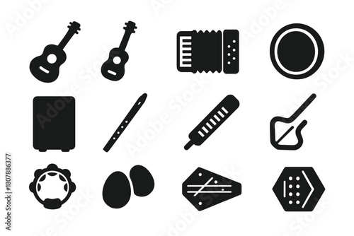 Busking Instruments Icons. Busking Instruments. Solid icon set of Busking Instruments: acoustic guitar, ukulele, accordion, bodhran, cajon, tin whistle,