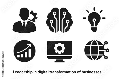 Digital Innovation Icons. Leadership in the digital transformation of businesses. Icon set. Set Logo of Innovation Lab: Brain with circuits. Negative space,