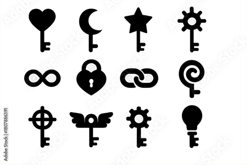 Symbolic Key Icons. Symbolic Keys. Solid icon set of Symbolic Keys: heart key, moon key, star key, sun key, infinity loop, lock heart, chain ring, spiral key,