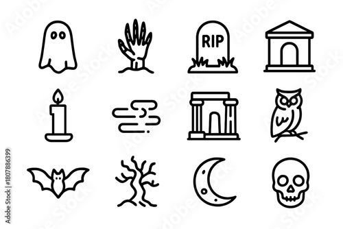 Ghostly Line Icons. Ghostly rise. Line icon set of Ghostly rise: ghost, skeleton hand, tombstone, crypt, candle, fog, ancient ruins, owl, bat, twisted tree,