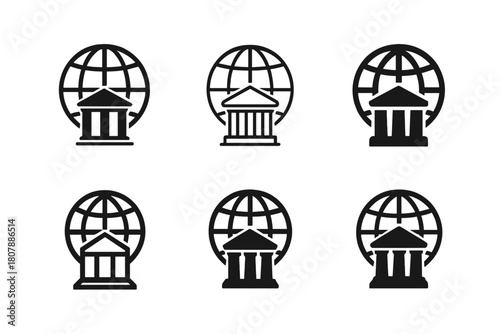 World Heritage Icons. Cultural, historical, and scientific preservation efforts. Icon set. Set Logo of world heritage: globe and monument. harmonious logo