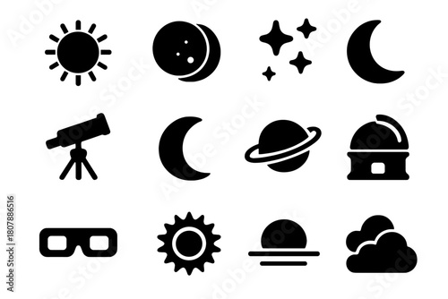 Celestial Icon Set. Star Constellation Map. Solid icon set of Star Constellation Map: constellation lines, stars, telescope, planet, moon, night sky, galaxy,