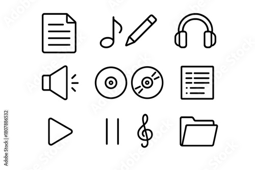 Music Tools Icons. Music sheet tools. Line icon set of Music sheet tools: sheet of paper, music note, pencil, headphones, speaker, record, CD, playlist icon,