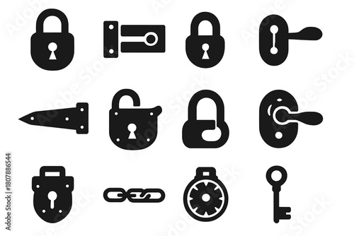 Vintage Lock Icons. Vintage Locks. Solid icon set of Vintage Locks: padlock, latch, bolt, keyhole, hinge, clasp, shackle, door handle, chest lock, chain,