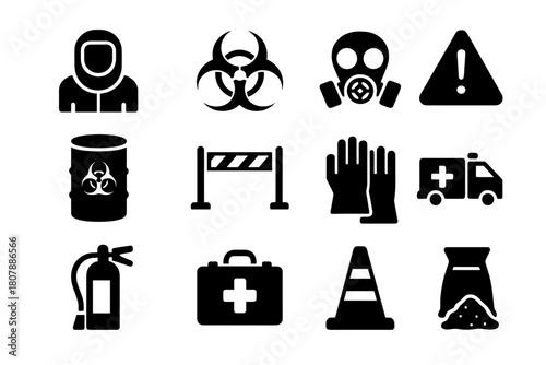 Chemical Emergency Icons. Chemical Emergency. Solid icon set of Chemical Emergency: hazmat suit, biohazard symbol, gas mask, warning sign, chemical barrel,