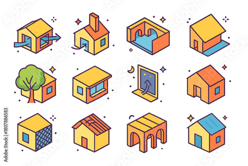 Passive Cooling Strategies Icons. Passive cooling strategies. Colorful isometric vector icons set of Passive cooling strategies: cross breeze corridor, stack